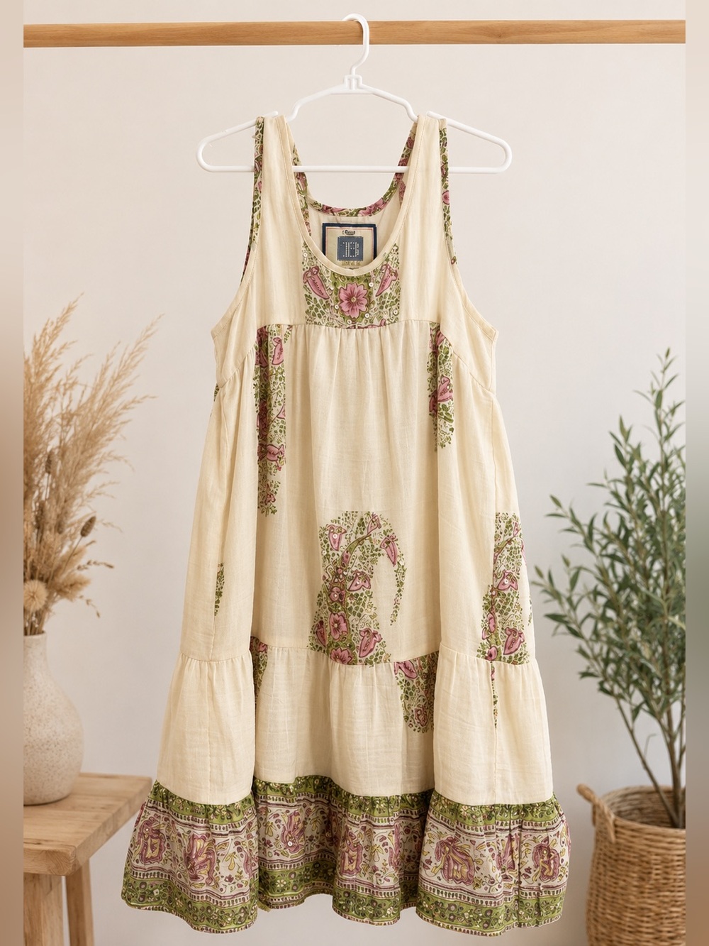 Alicia Bell Girls Cream Pink Floral Popover Dress Size 10 Boho Tiered Cotton